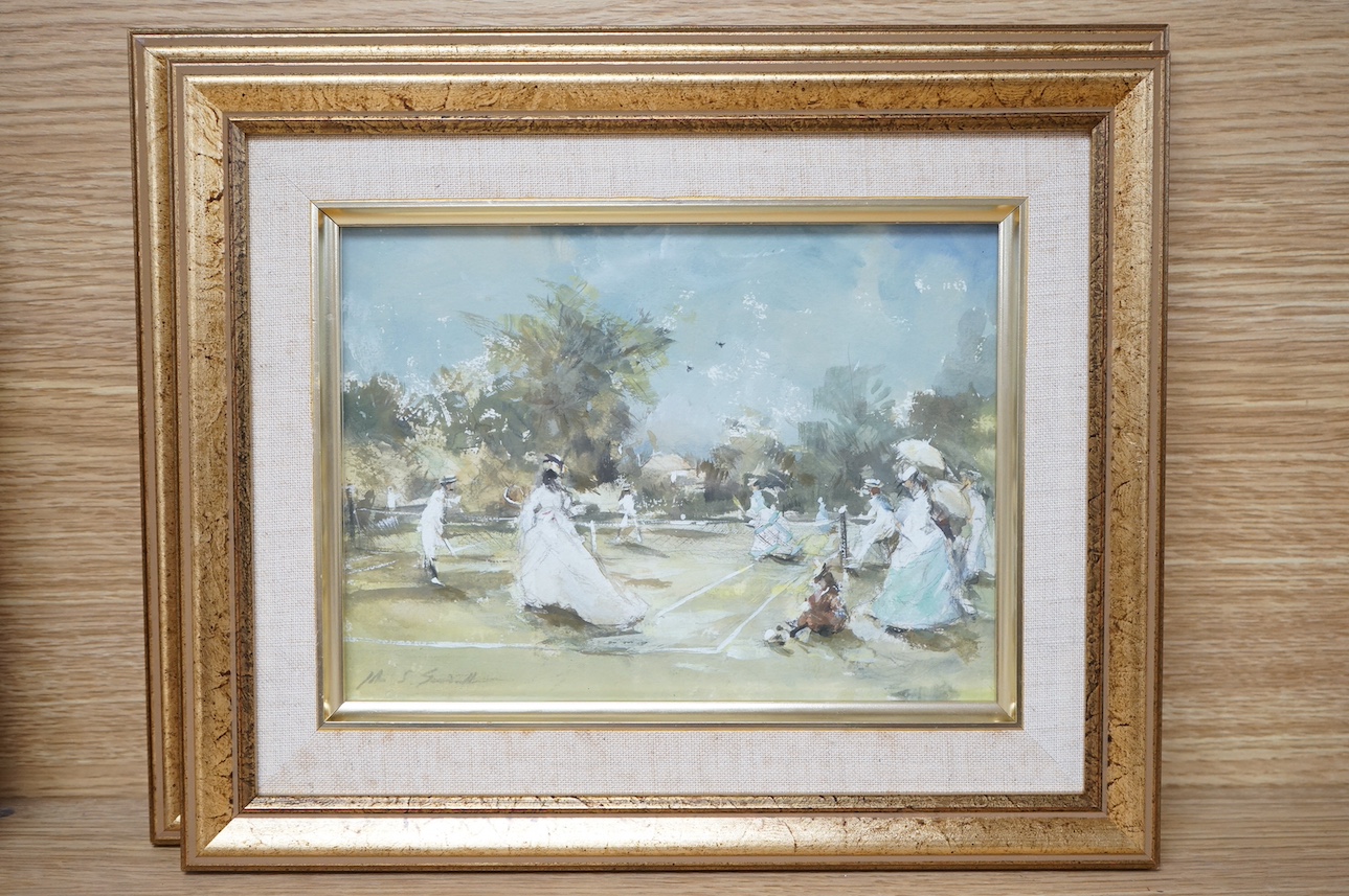 John Strickland Goodall (1909-1996), pair of watercolour and gouaches, ‘Game of tennis’ and ‘Nannies in Kensington Gardens’, each signed, labels verso, 15 x 21cm. Condition - good